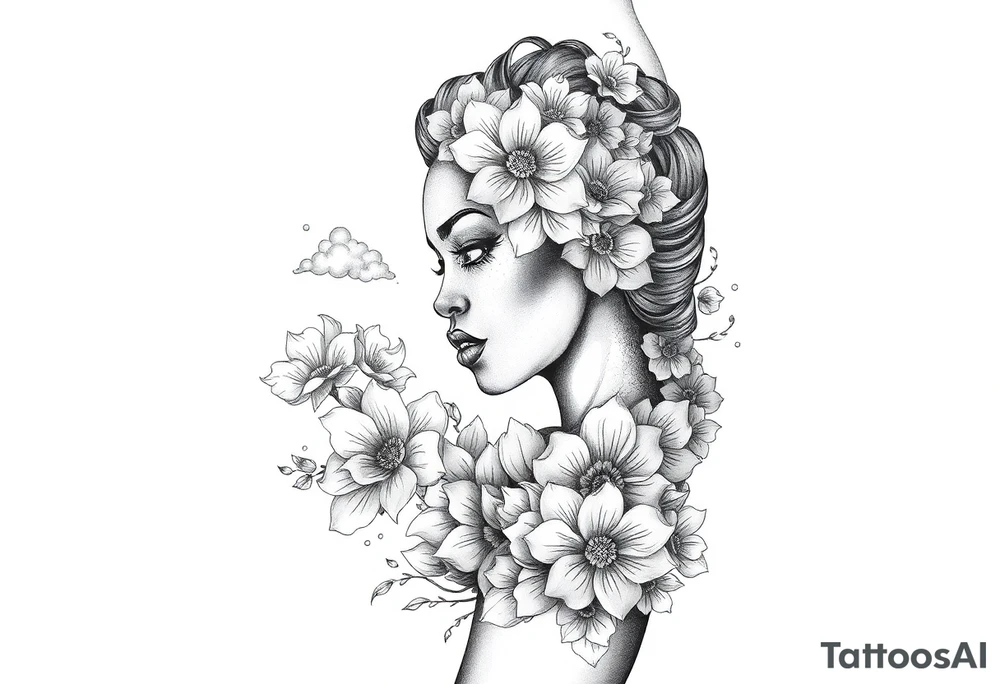Elaborate drawing of a black woman made up of flowers and clouds. tattoo idea