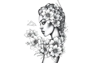 Elaborate drawing of a black woman made up of flowers and clouds. tattoo idea