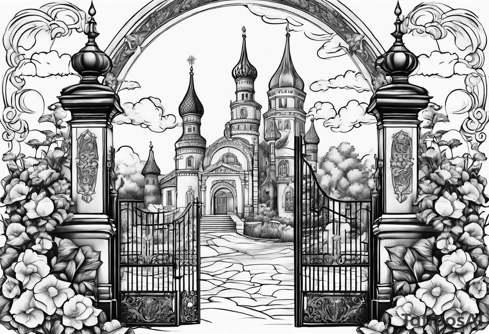 heaven town with tower houses gate entrance
in circle vignette surrounded by clouds flowers tattoo idea