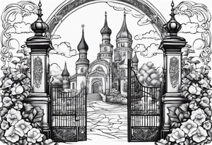 heaven town with tower houses gate entrance 
 in circle vignette surrounded by clouds flowers tattoo idea