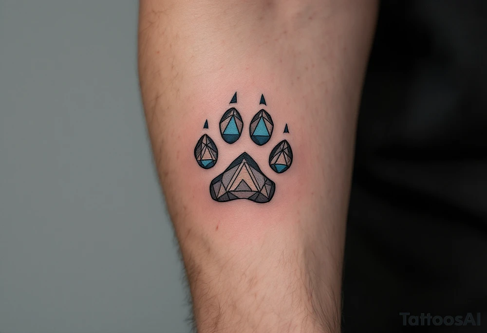 Geometric Paw Print Trail – Each paw rendered in sharp geometric lines and triangles, with black, gray, and muted blue filling, giving a modern abstract style. tattoo idea