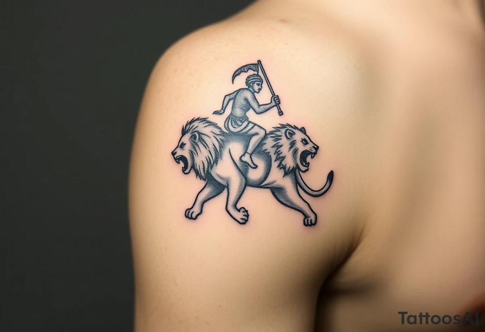 African warrior riding on top of lion into battle tattoo idea