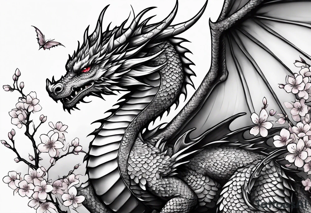 A dragon with wings covered in cherry blossoms on the thigh tattoo idea
