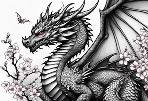 A dragon with wings covered in cherry blossoms on the thigh tattoo idea