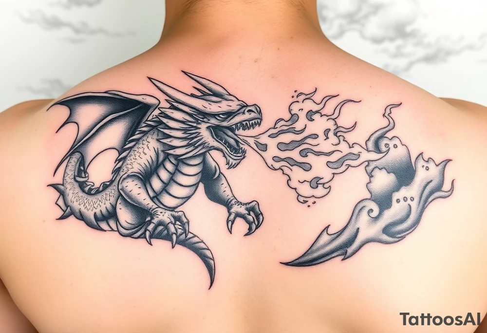 fierce dragon breathing iridescent fire against stormy skies tattoo idea