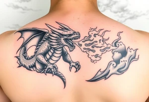 fierce dragon breathing iridescent fire against stormy skies tattoo idea