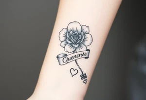 A beautiful flower with a card queen sign and a ribbon tied around the flower with queenie and a small heart tattoo idea