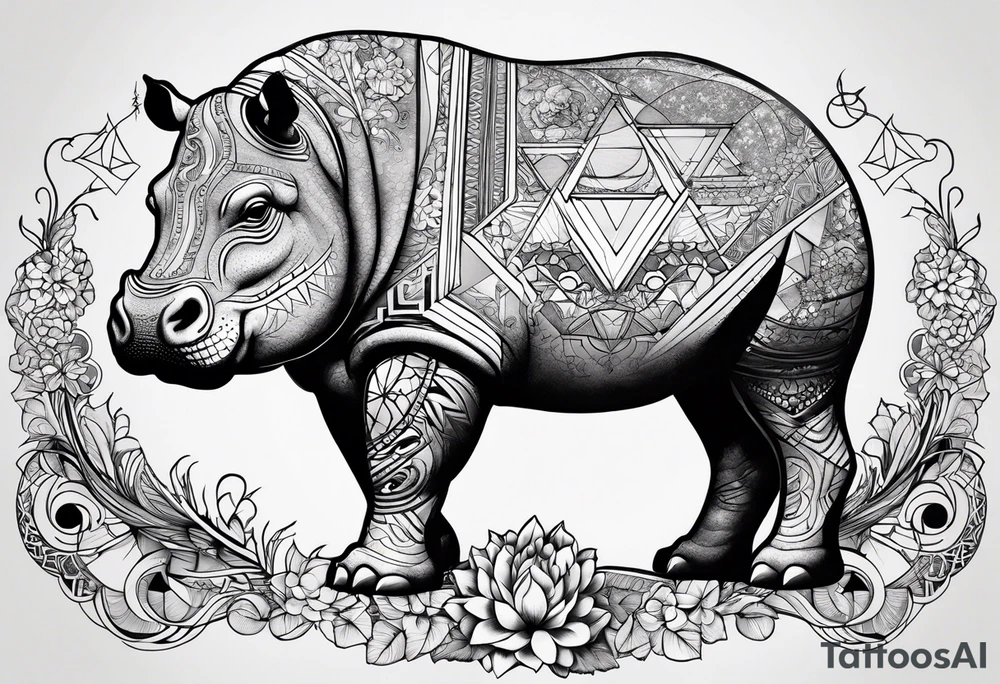 Hippo, flowers, moon, interstella , artic surreal, 
Extreme fine lines, +tribal, +geometric, develop from my favourites tattoo idea