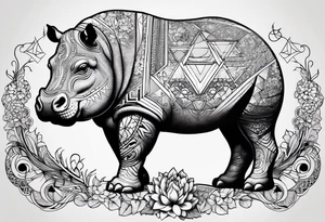 Hippo, flowers, moon, interstella , artic surreal, 
Extreme fine lines, +tribal, +geometric, develop from my favourites tattoo idea