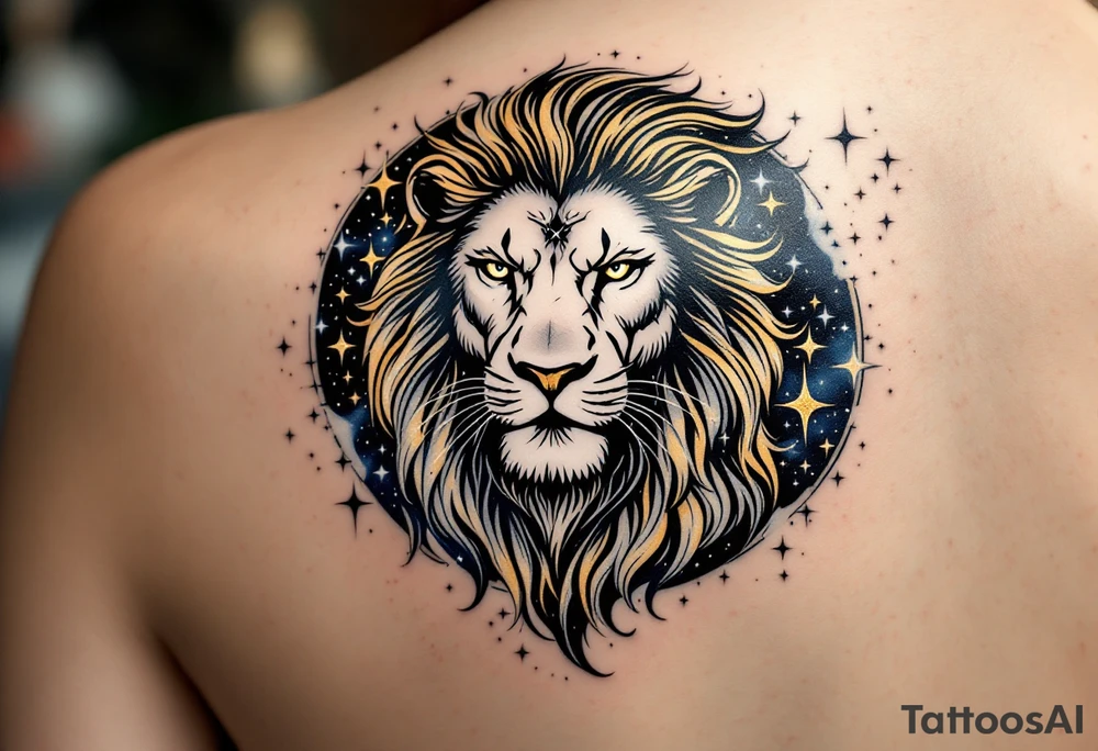 A golden Leo lion roars beneath a constellation of stars inked in shimmering white and navy blue on a galaxy-tinted sky. tattoo idea