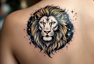 A golden Leo lion roars beneath a constellation of stars inked in shimmering white and navy blue on a galaxy-tinted sky. tattoo idea