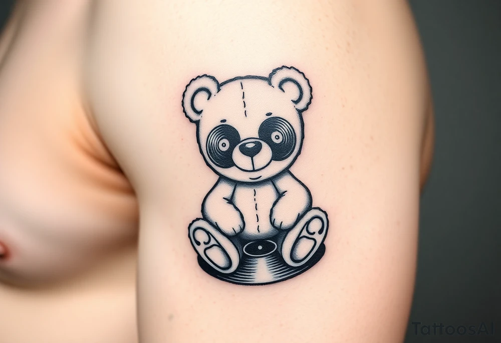 minimalist teddy bear with vinyl records as eyes smiling and sitting on a record tattoo idea