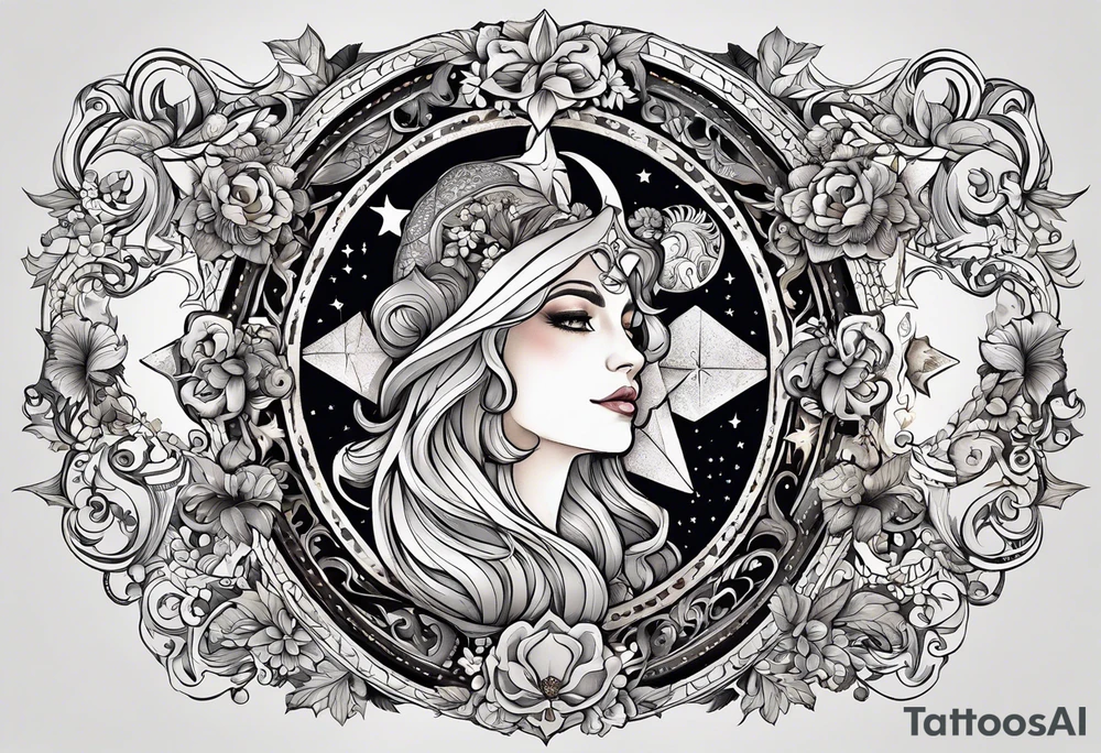 A tattoo design inspired by southern Italian folklore tales, incorporating mystical creatures and celestial objects such as moons and stars, reflecting the client's love for folklore and celestial objects. tattoo idea