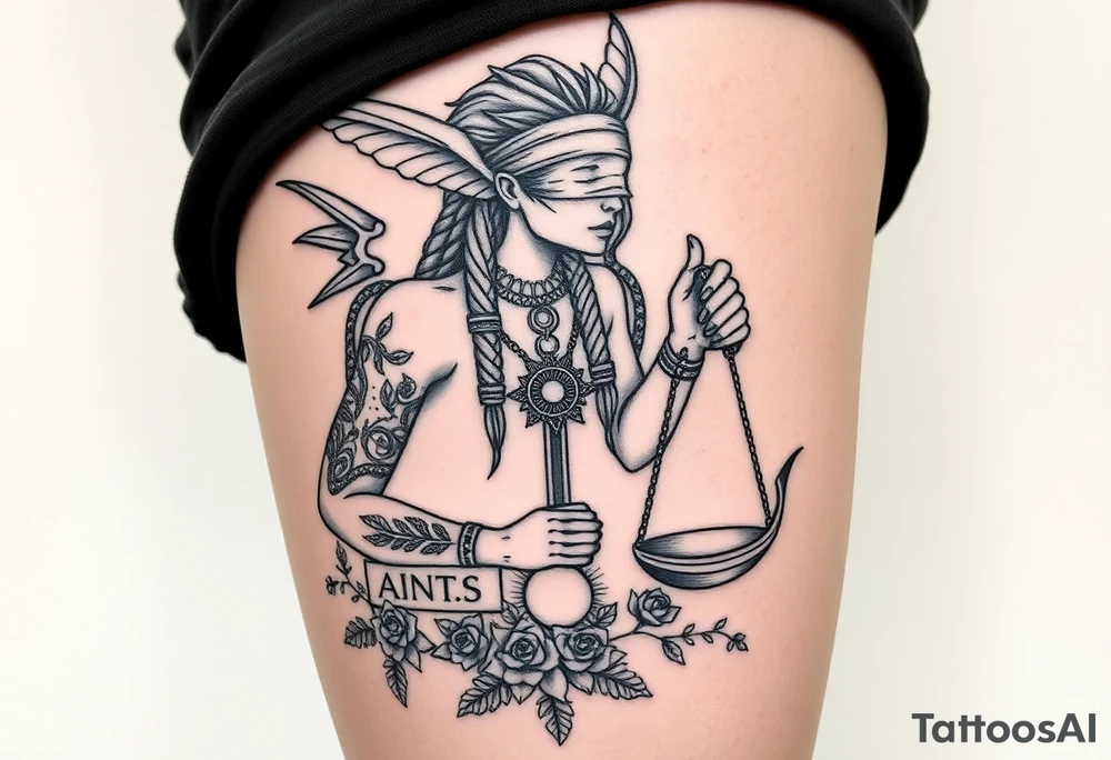Sylph with dreads wearing blind fold and ankh pendant with tattoos holding weighing scales with the sun and moon rose vines surrounding and Anubis guarding tattoo idea