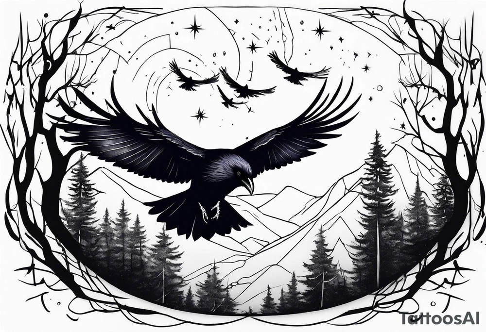 Raven flying, in battle, knowing, light behind its eyes, ethereal, stars and trees in the background tattoo idea