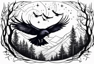 Raven flying, in battle, knowing, light behind its eyes, ethereal, stars and trees in the background tattoo idea