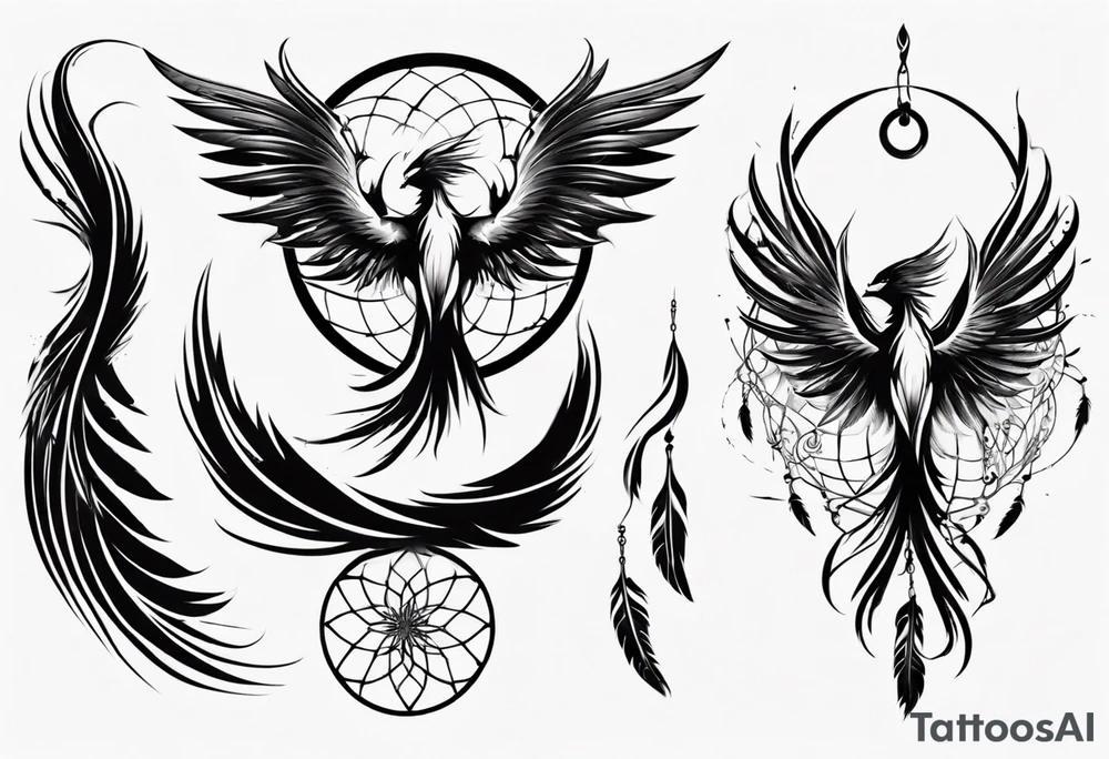 Vertical angry flying Phoenix with wings blending into circles and a long abstract dream catcher feather tail tattoo idea