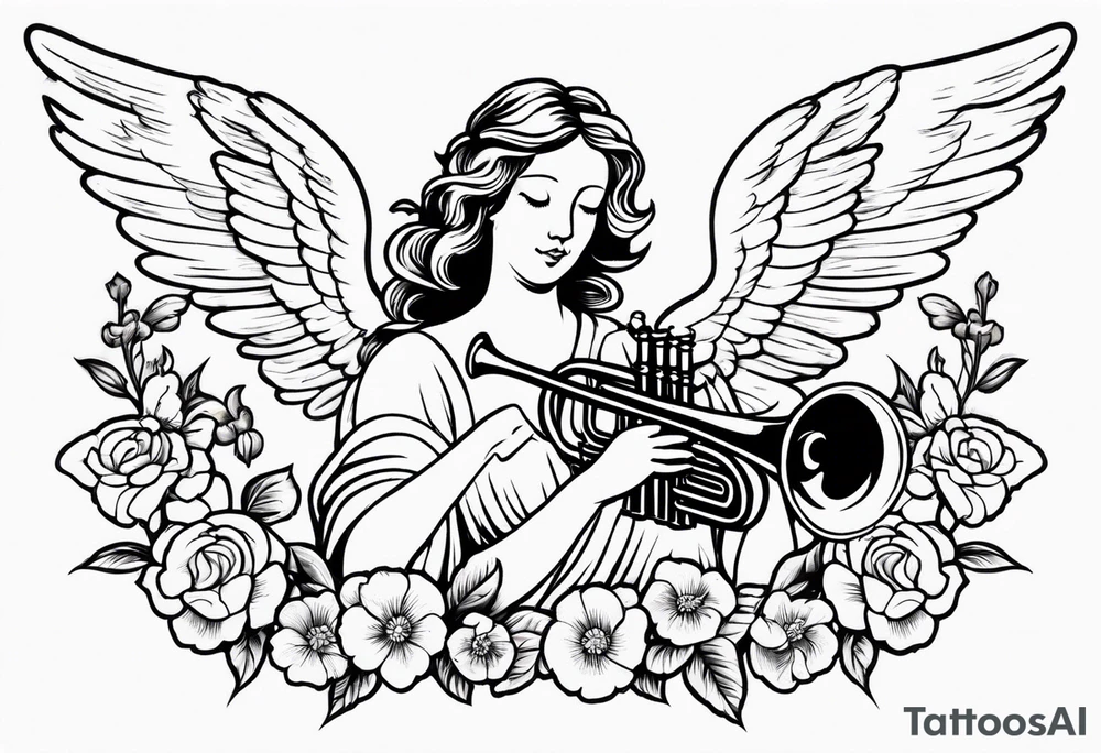 angel with trumpets
old school vintage simple traditional design with vintage flowers surrounding it tattoo idea