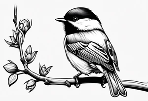 Illustrate a tattoo of a chickadee perched on a twig, focusing on clean lines and minimal detail for an understated design tattoo idea