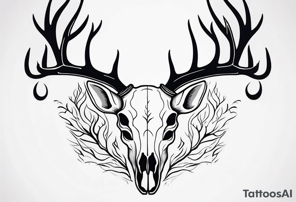 side view of a deer skull and neck JUST BONE surrounded by a flames and trees tattoo idea