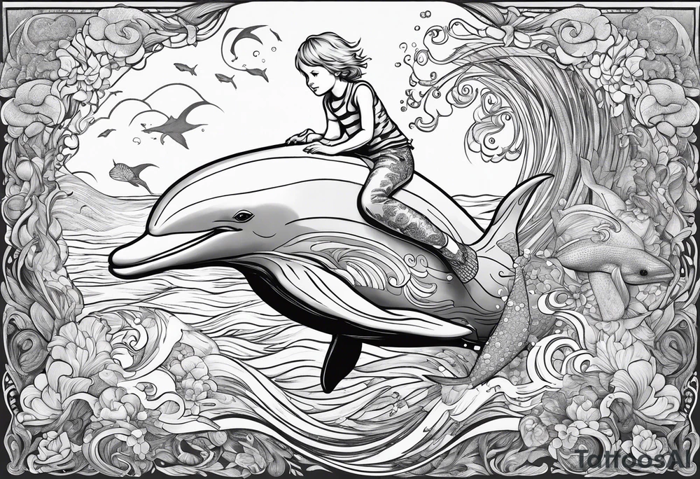 Young boy riding a dolphin in ocean with blond mermaid tattoo idea