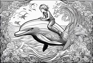 Young boy riding a dolphin in ocean with blond mermaid tattoo idea