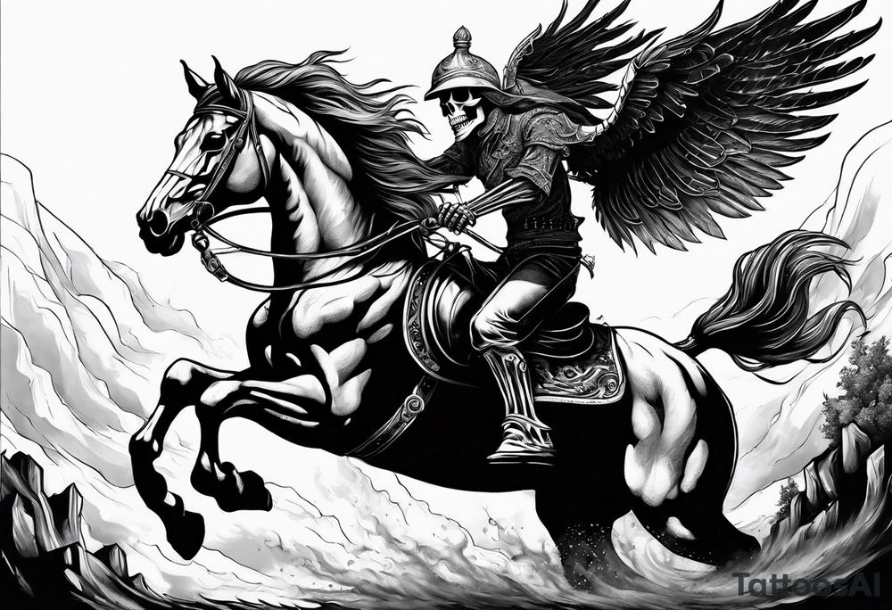 Skeleton riding a horse on fire tattoo idea