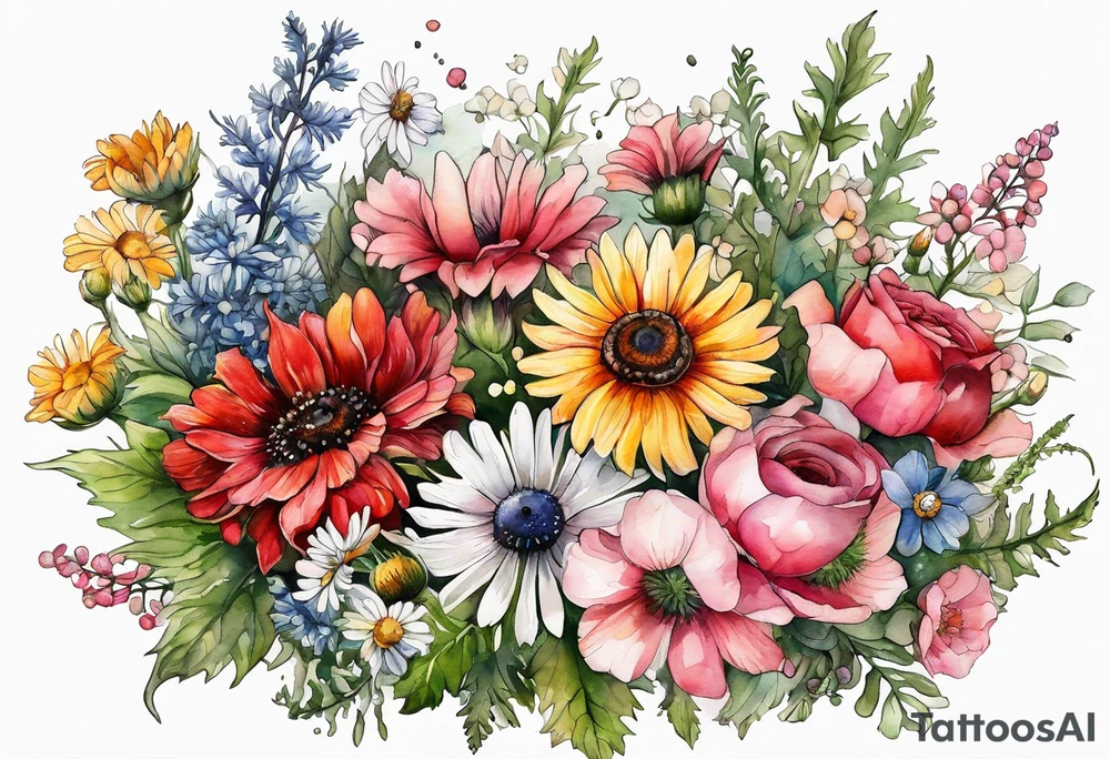 wildflowers cascading with thistles, ferns, white anemones, sun flowers, buttercups, pink flowers, red flowers, babys breath and daisies all in watercolor tattoo idea