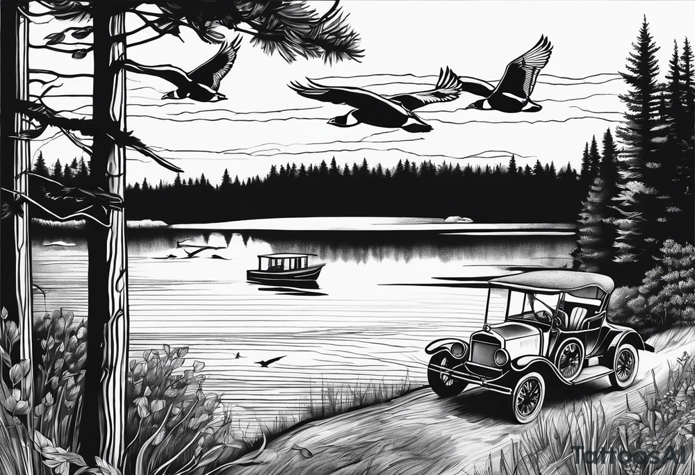 Wooded area with lake, mallards flying, and a model t tattoo idea