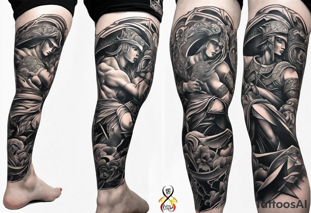 Leg sleeve tattoo of warriors from
 Different eras tattoo idea