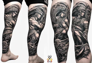 Leg sleeve tattoo of warriors from
 Different eras tattoo idea