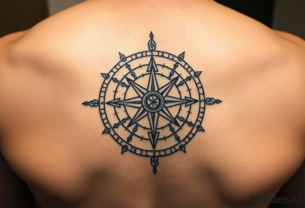 Create a line work Viking compass using symbols for protection, wisdom, and knowledge from both the Aztec and Viking cultures. Make the image very simple and able to print. Outline only not a lot of thick black use elder futhark runes for protection, wisdom and luck. tattoo idea