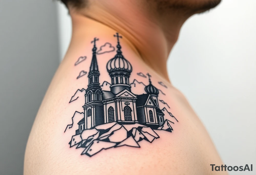 russian orthodox christian left arm tattoo with st basils cathederal in a mountainous setting with clouds tattoo idea
