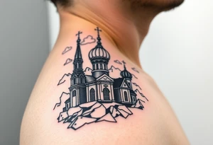 russian orthodox christian left arm tattoo with st basils cathederal in a mountainous setting with clouds tattoo idea