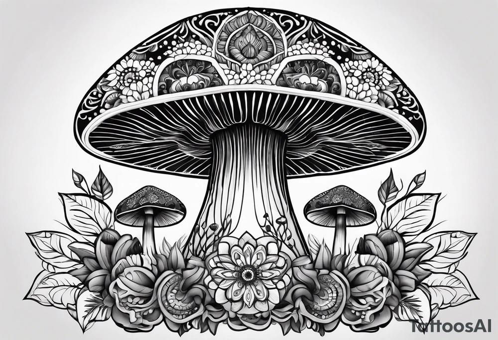 Black mushroom tattoo with henna style mandala design surrounding it tattoo idea