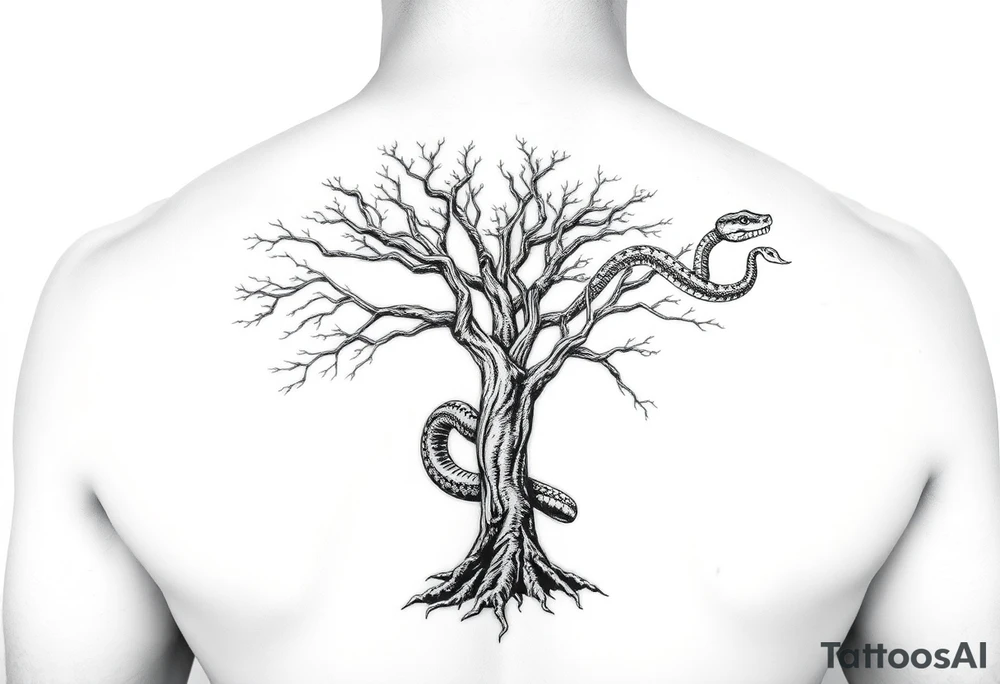 "I want a tree tattoo on my back, with a snake wrapping around the tree and continuing up over my right shoulder, ending with its head on my left shoulder." tattoo idea