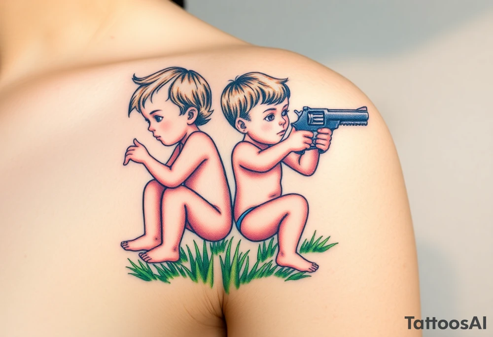 Due bambini, in stile realistico, colorato, seduti sull'erba, divisi da un muro di mattoni, uno piange mentre gioca con la palla, l'altro ride mentre si spara in bocca con la pistola dentro la bocca tattoo idea