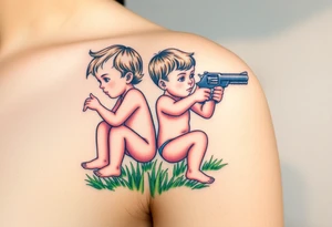Due bambini, in stile realistico, colorato, seduti sull'erba, divisi da un muro di mattoni, uno piange mentre gioca con la palla, l'altro ride mentre si spara in bocca con la pistola dentro la bocca tattoo idea
