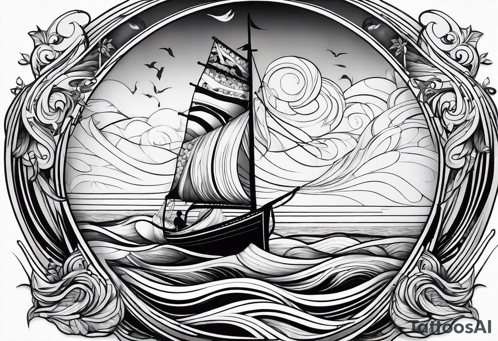 Hula girl on a sailboat with waves tattoo idea