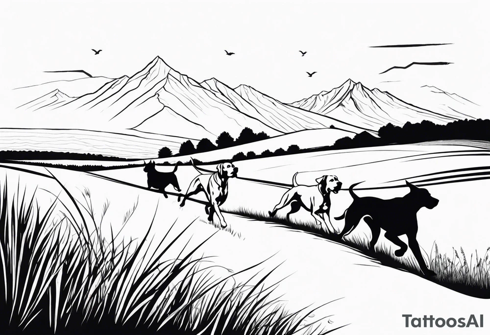 Men’s full arm sleeve. Rolling fields and mountains with 4 Great Dane dogs running in the field tattoo idea