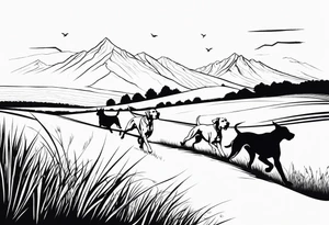 Men’s full arm sleeve. Rolling fields and mountains with 4 Great Dane dogs running in the field tattoo idea