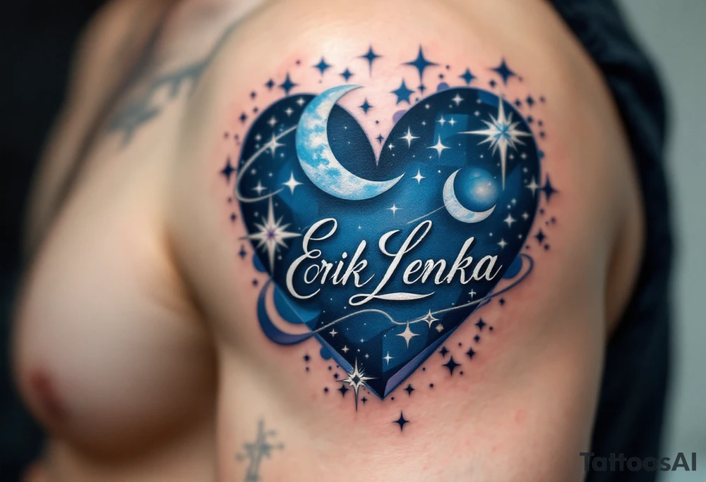A heart surrounded by celestial bodies, with stars, a crescent moon, and the name "Erik Lenka" written in an elegant, silver font, surrounded by soft shades of midnight blue. tattoo idea