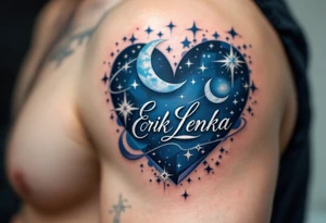 A heart surrounded by celestial bodies, with stars, a crescent moon, and the name "Erik Lenka" written in an elegant, silver font, surrounded by soft shades of midnight blue. tattoo idea