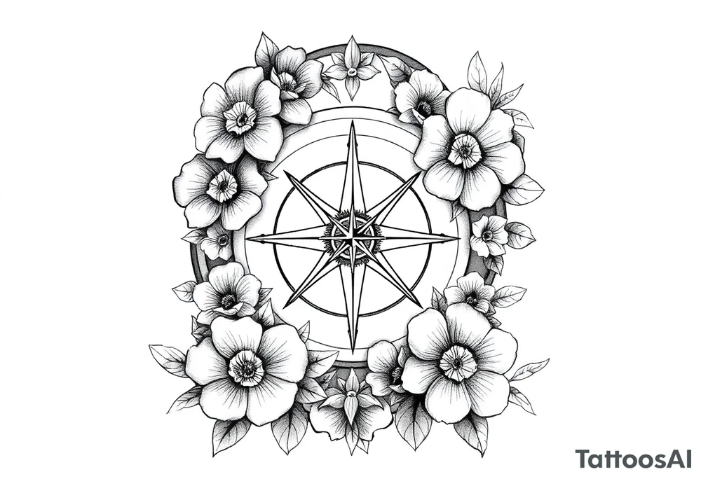 number 6 with flowers surrounding it and a nautical compass in the middle of the 6 and fleur des lis as the cross of the compass tattoo idea