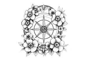 number 6 with flowers surrounding it and a nautical compass in the middle of the 6 and fleur des lis as the cross of the compass tattoo idea