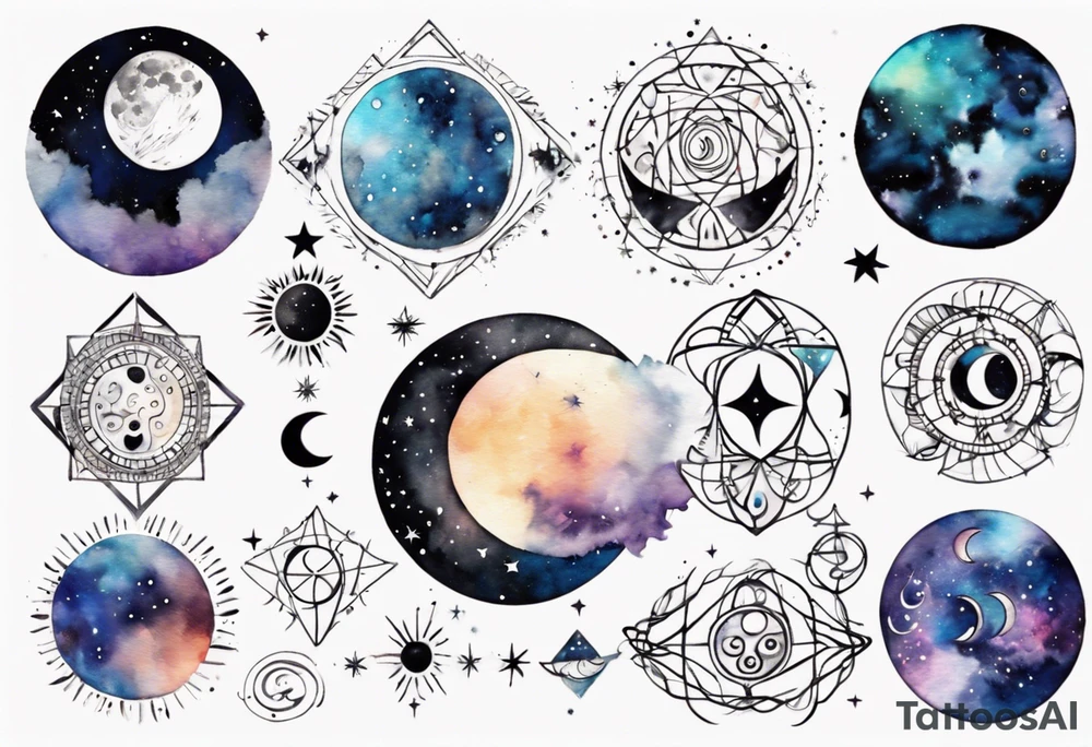 Shoulder to shoulder, moon phase,  across chest, tribal patterns, Cancer symbol, geometric swirls, mesmerizing watercolor splatter, stars, and galaxies, dreamy and otherworldly effect, solar system, astronomy tattoo idea
