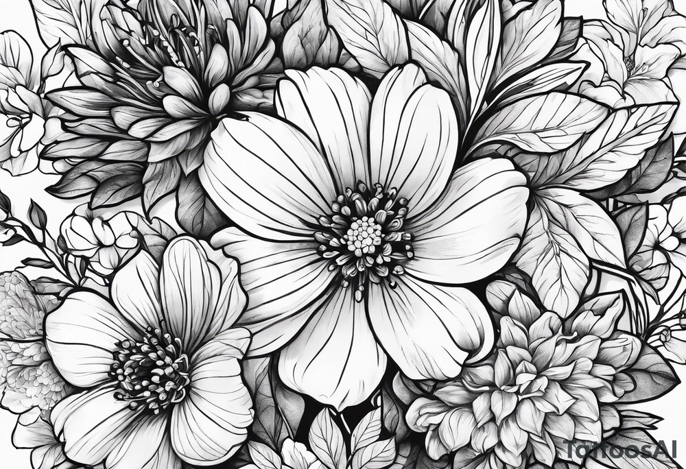 March, April,  June,  November,  December birth flowers tattoo idea