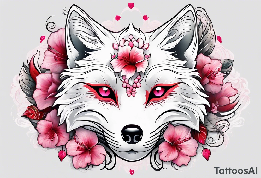 White fox mask with red accents and pink hibiscus flowers tattoo idea