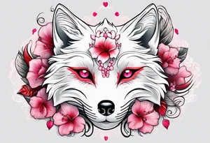 White fox mask with red accents and pink hibiscus flowers tattoo idea