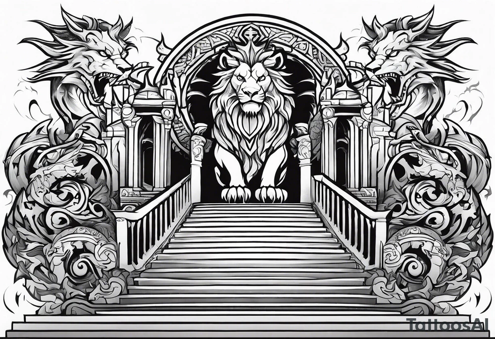 Valhalla lion sword stairs dragon tattoo idea